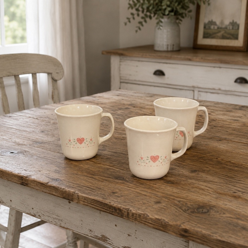 Vintageβ Corning USA Heart Floral Mugs Set of 3 Off White Pink 3.5" Microwave